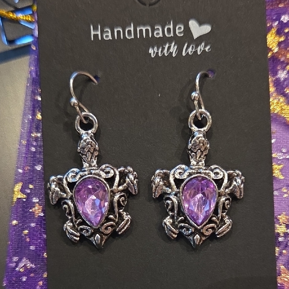 Bohemian Silver and Purple Turtle Earrings